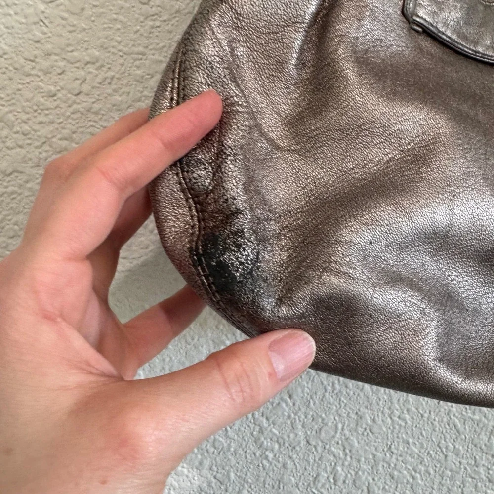 Kooba Metallic‎ Pewter Leather Bow Shoulder Bag Hobo Brass Hardware Vintage Y2K